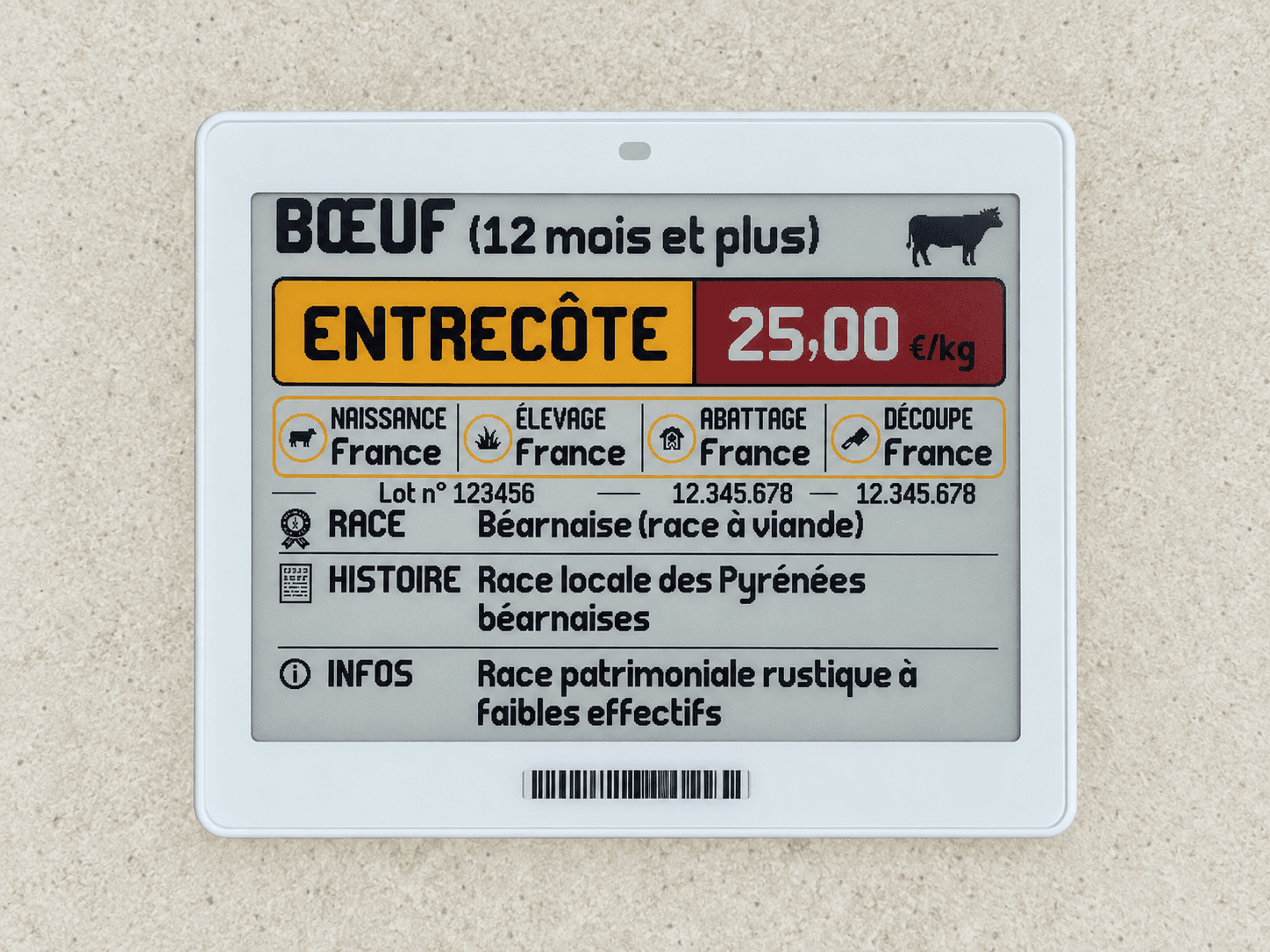 Rendu réel sur une grande étiquette électronique de boucherie pour une entrecôte, avec traçabilité et prix au kilo