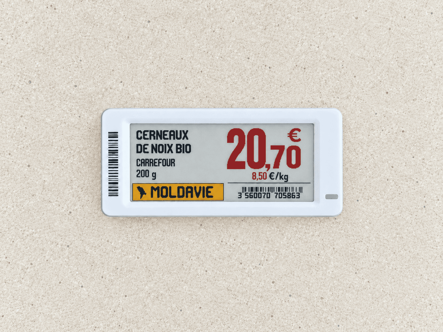 Rendu réel sur une étiquette électronique horizontale pour des cerneaux de noix bio, avec prix, poids, origine et code-barres