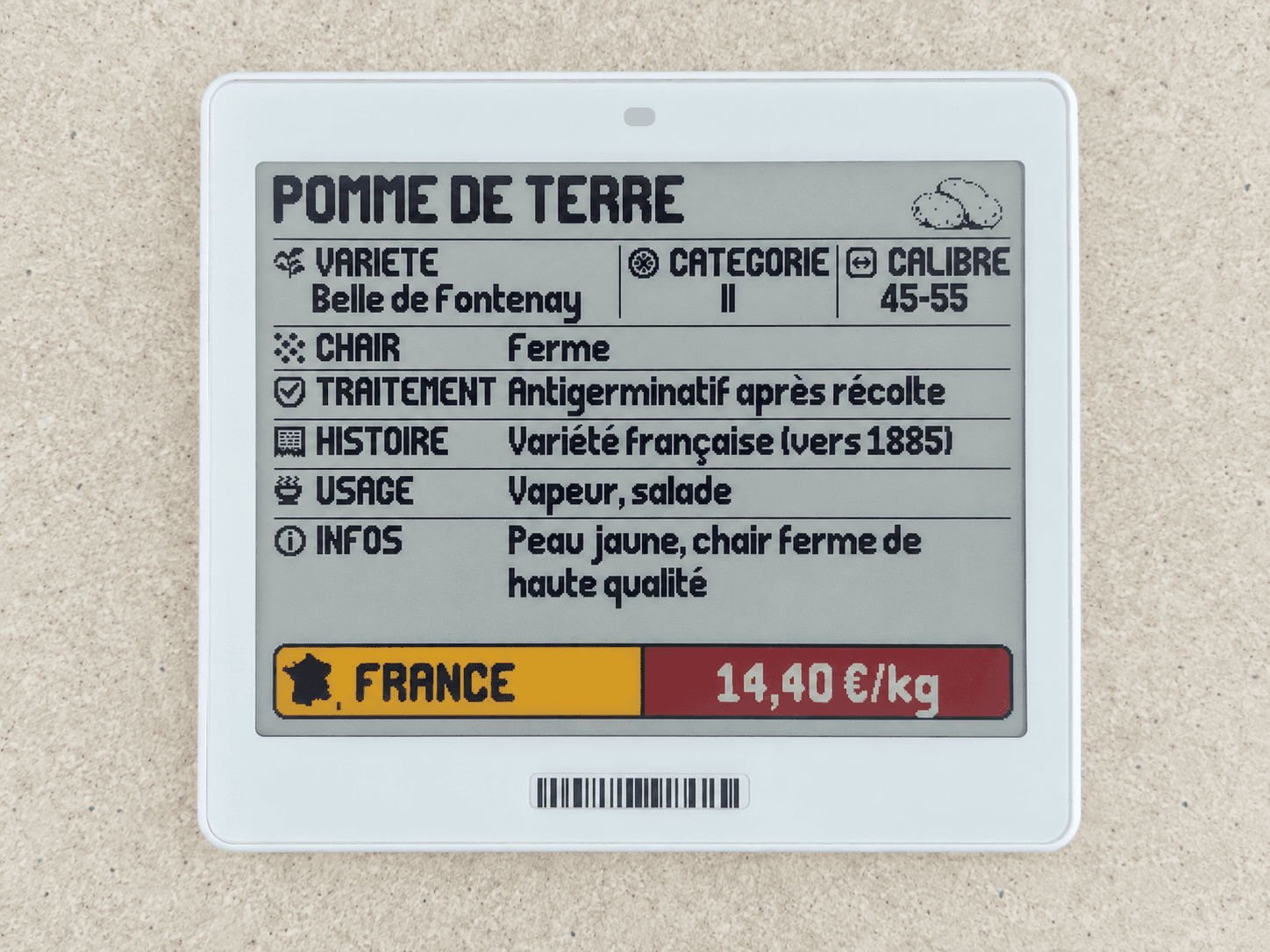Rendu réel sur une grande étiquette électronique pour pommes de terre, avec variété, catégorie, origine et prix au kilo